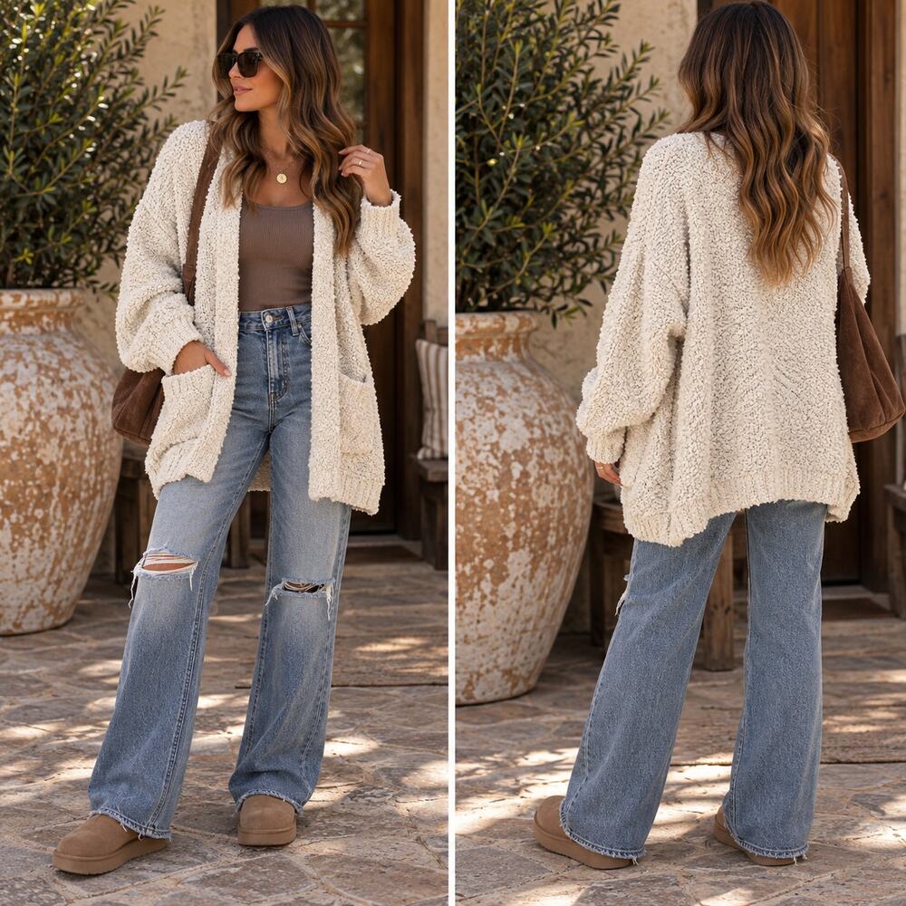 Umgee Cream Popcorn Knit Dolman Cardigan Medium